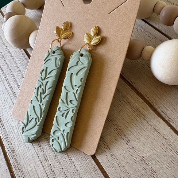 Handmade Sage Green Leaf Embossed Earrings - Gold Leaf Studs Boho Chic Jewelry - Picture 5 of 8